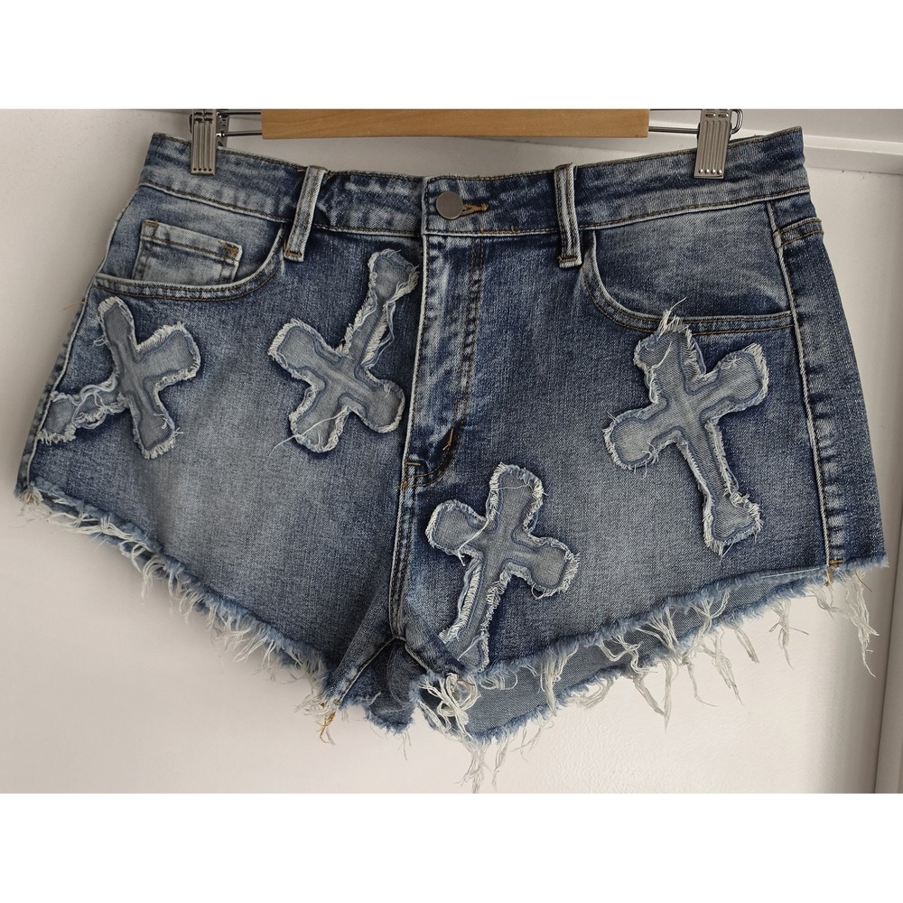 NWT EDGE Women Shorts Size L Blue Cross Patches Casual Streetwear